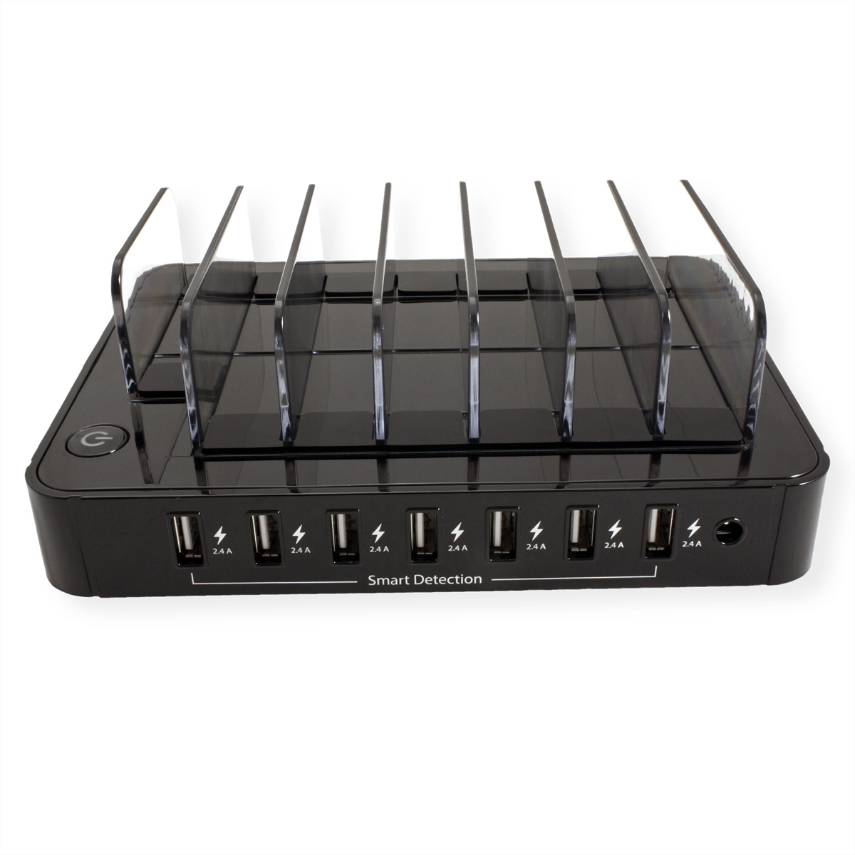 Black USB charging station with multiple ports for phones and tablets, with a power button.