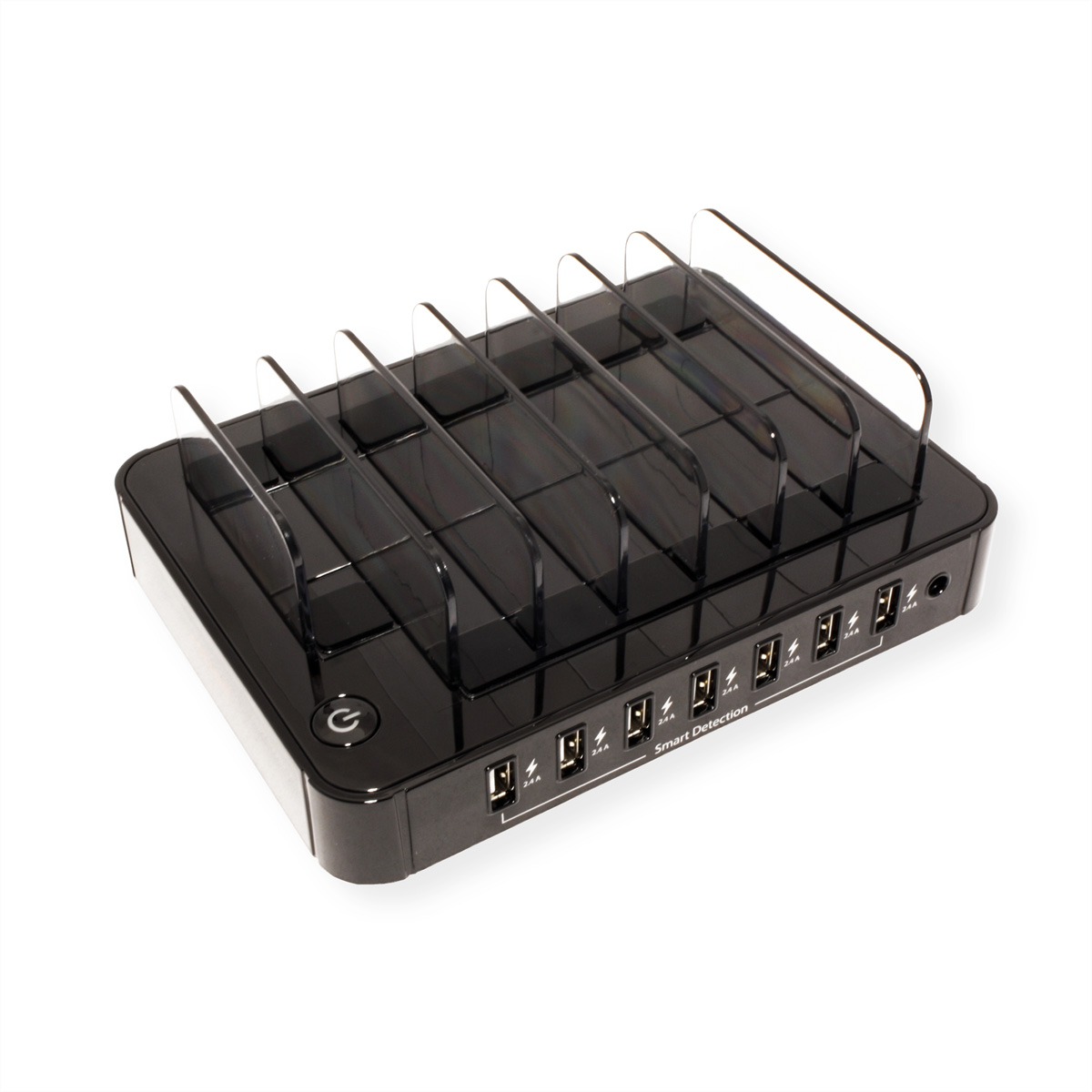 Black charging station with USB ports. Labels: 'Smart Detection' and power symbol.
