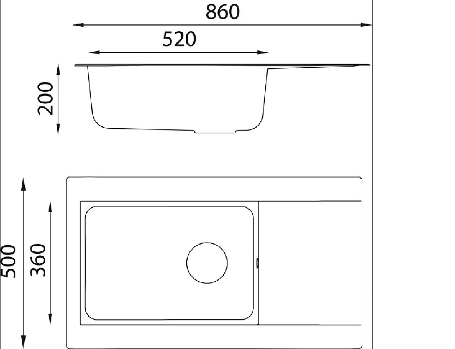 Disegno tecnico di un lavandino. Mostra dimensioni e disposizione di lavello e scolapiatti.