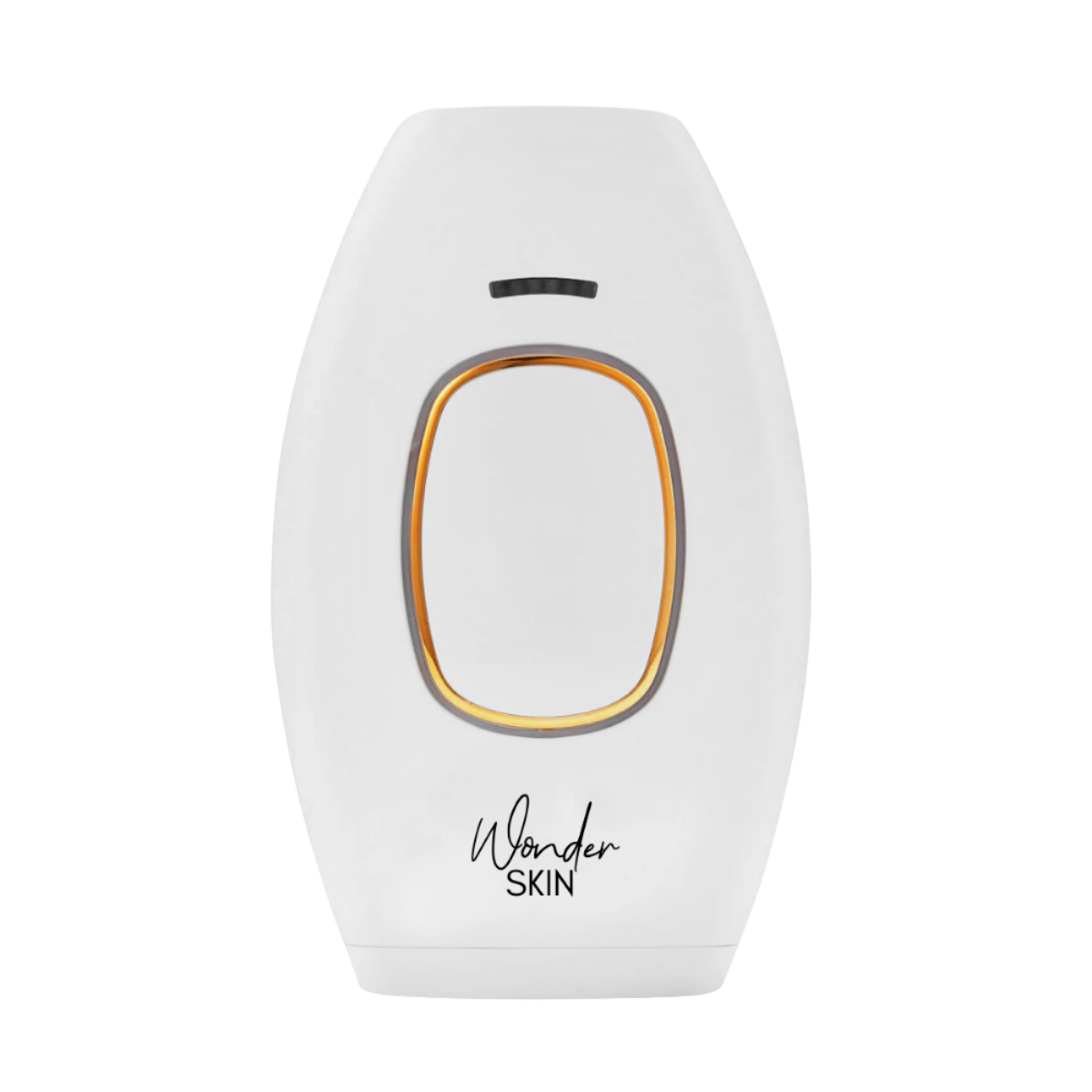 Weißer Epilierer mit goldenem Ring um den Lichtbereich, Wonder Skin Logo.