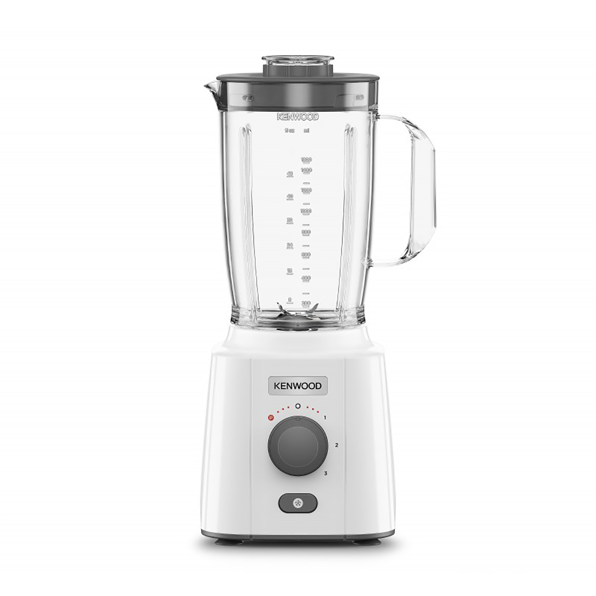 Biały blender ze szklanym dzbankiem, czarnymi i szarymi akcentami oraz pokrętłem z numerami.