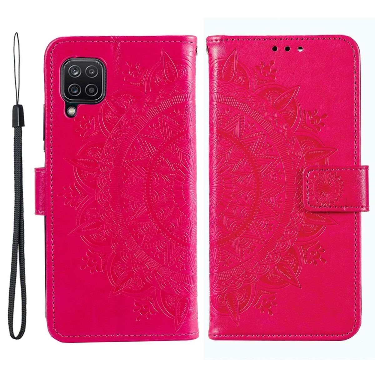 Rosa Handyhülle mit Mandala-Design, offen und geschlossen.