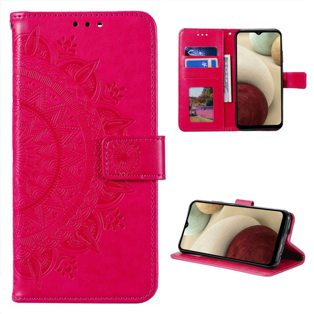 Pinkfarbene Handyhülle mit Mandala-Design, zeigt Telefon im Inneren.