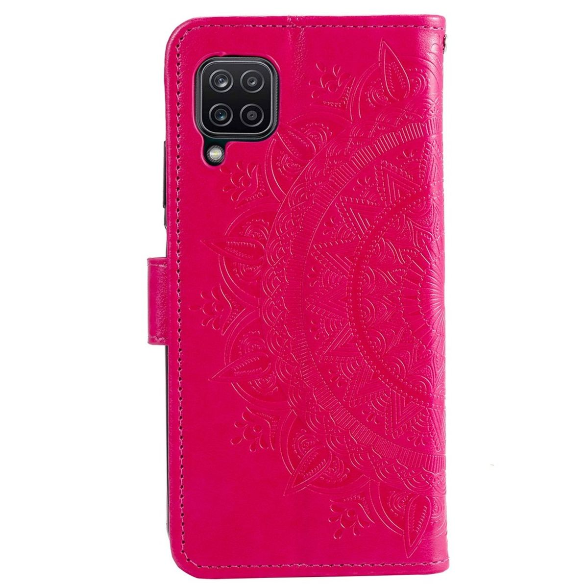 Eine pinke Handyhülle mit geprägtem Mandala-Muster, geschlossen, mit Magnetverschluss.