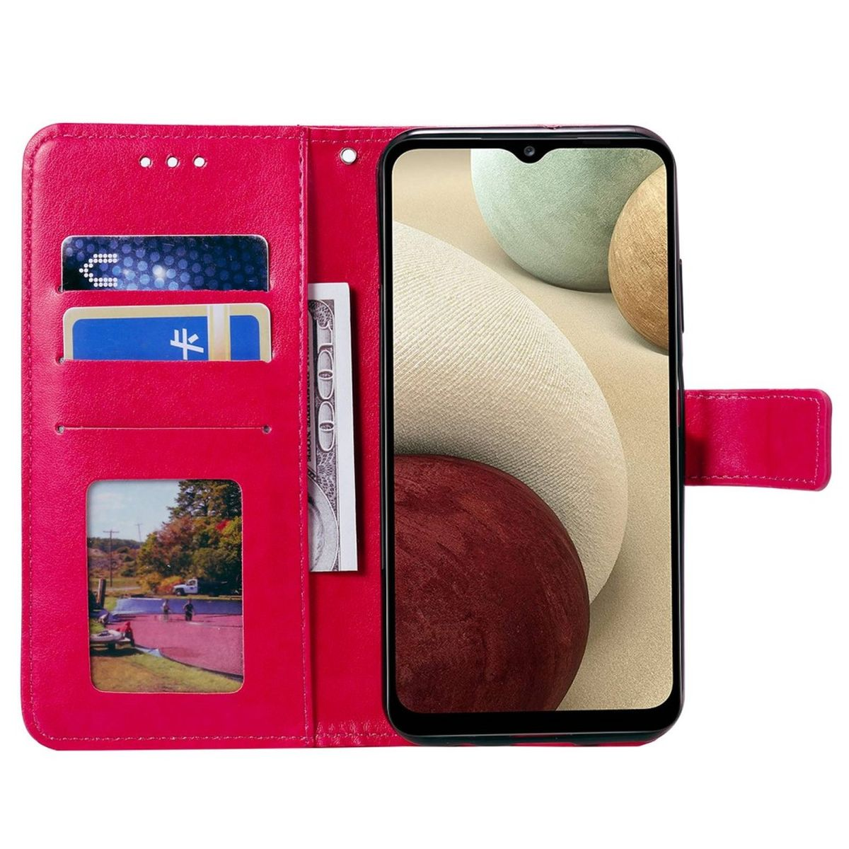 Eine rote Telefon-Geldbörsenhülle mit Smartphone, Kreditkartenfächern und einer Bargeldtasche.