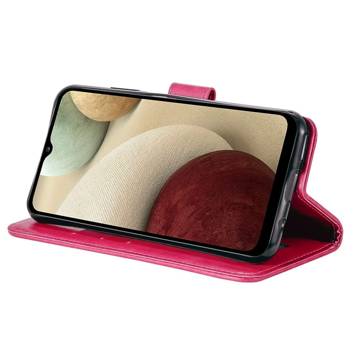 Eine pinke Handyhülle mit einem Telefon. Der Bildschirm zeigt ein farbenfrohes abstraktes Bild.