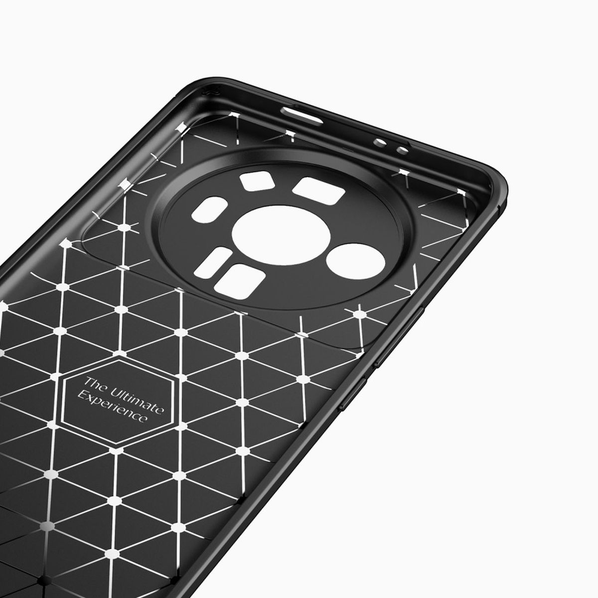 Schwarze Handyhülle mit geometrischem Muster. Der Text "The Ultimate Experience" ist sichtbar.