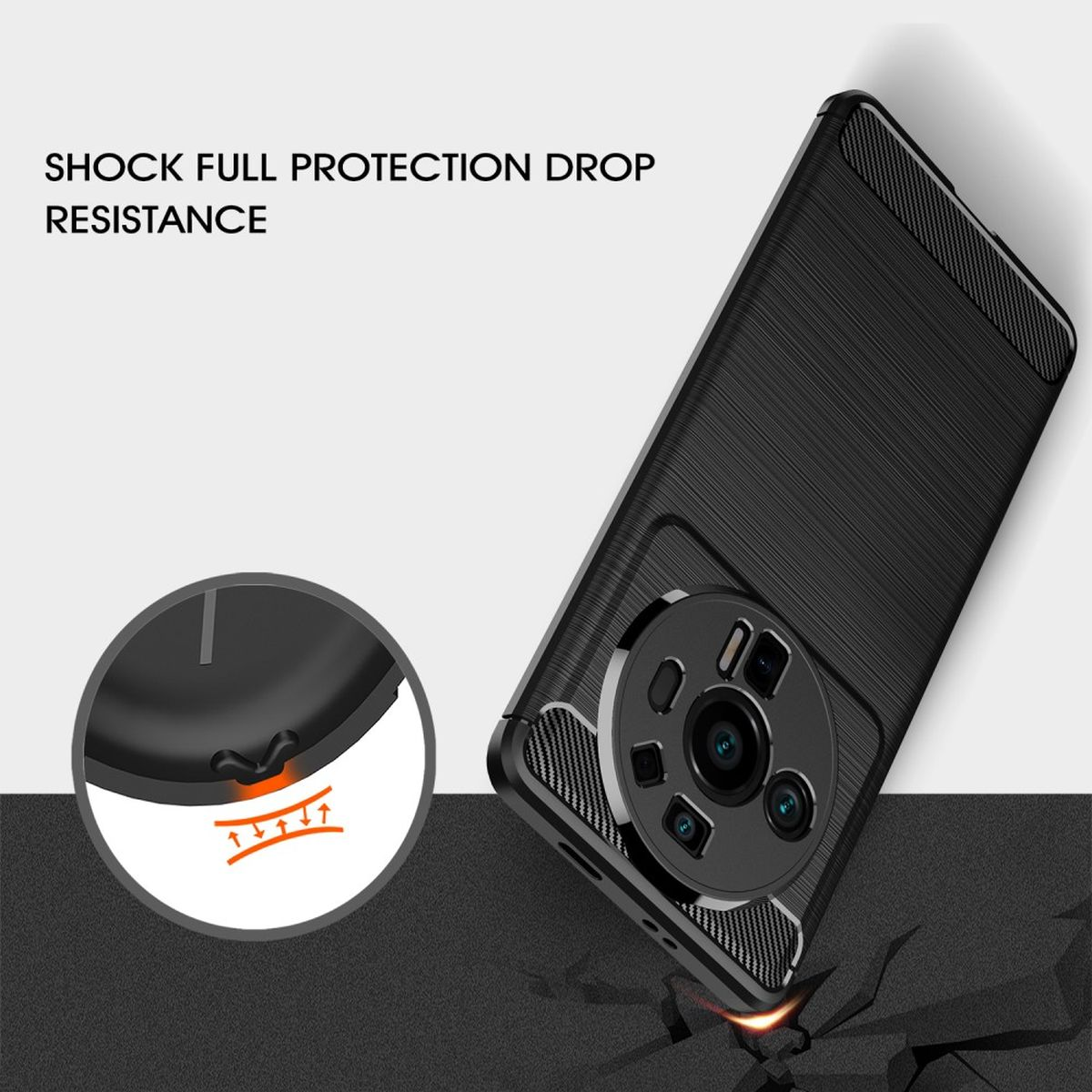Schwarze Handyhülle angewinkelt, mit Rissen. Text: 'SHOCK FULL PROTECTION'. Die Hülle hat eine strukturierte Rückseite.
