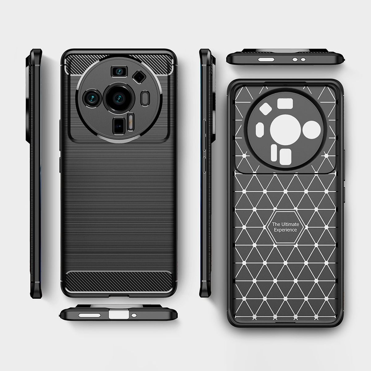 Eine Schutzhülle für das Telefon mit mehreren Ansichten, die das Design und die Funktionen zeigt.