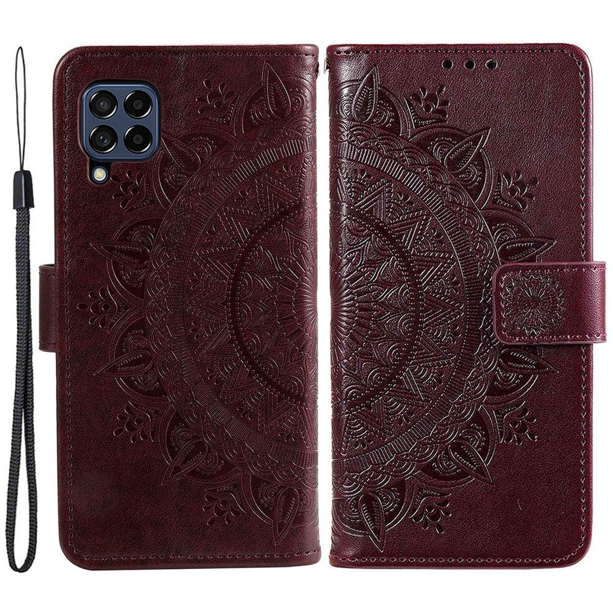 Eine weinrote Leder-Handyhülle mit Mandala-Design. Sie ist geöffnet und zeigt die Innenseite.