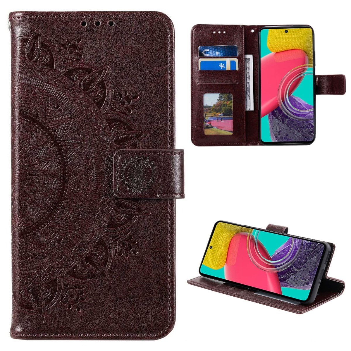 Eine braune Leder-Handyhülle mit Mandala-Design, die das Telefon und Kartenfächer zeigt.