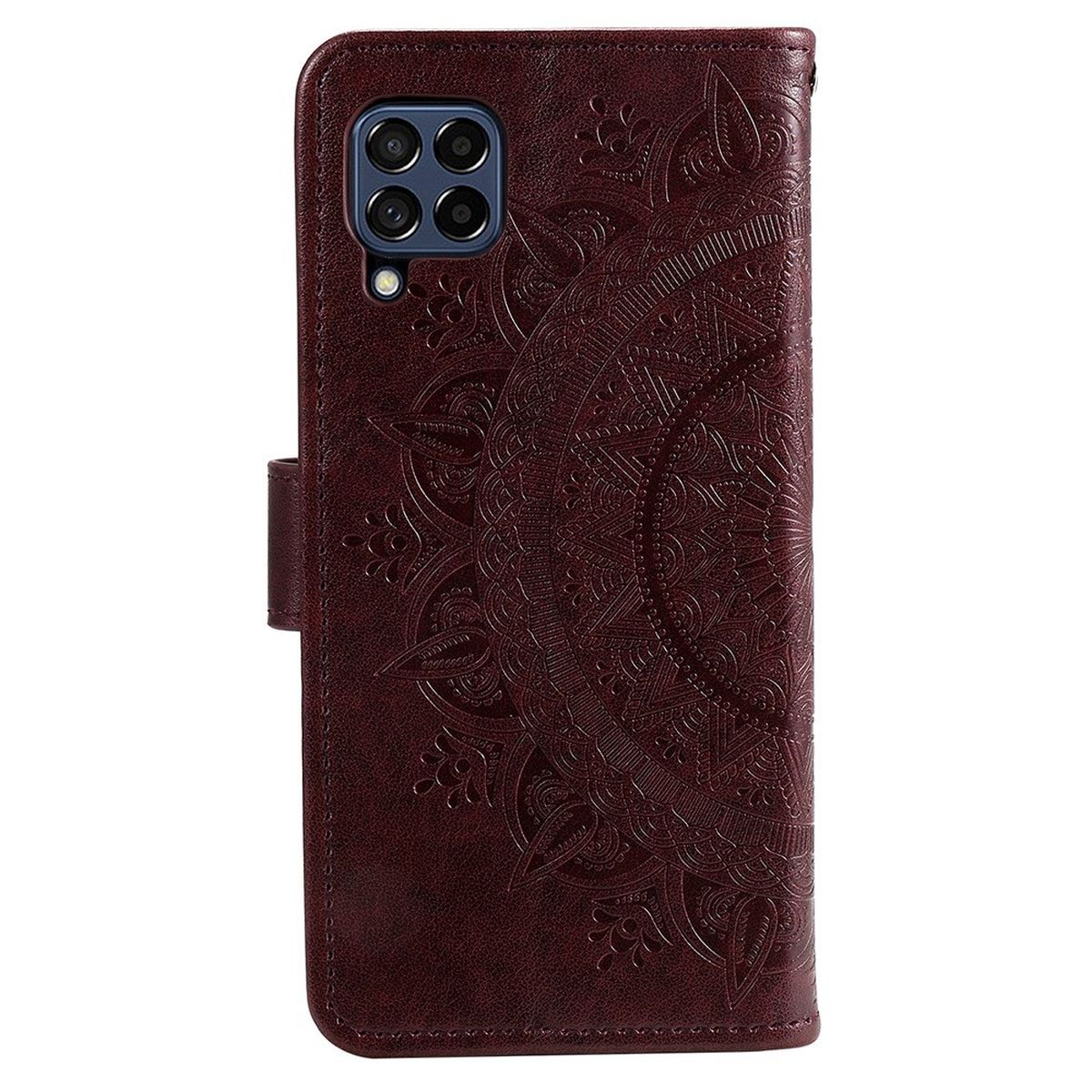 Burgunderfarbene Handyhülle mit Mandala-Design. Sie hat einen Magnetverschluss.