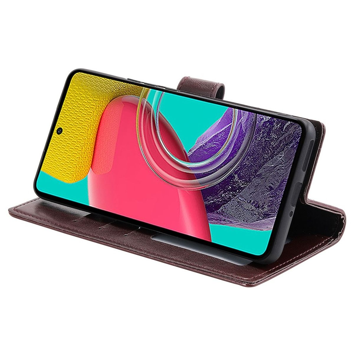Braune Handyhülle mit einem Telefon darin. Der Bildschirm des Telefons zeigt ein farbenfrohes abstraktes Bild.