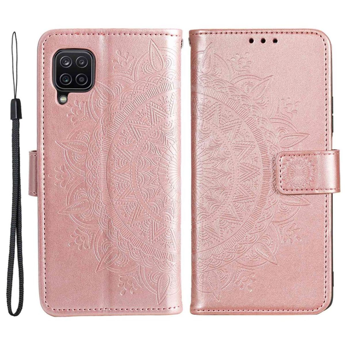 Geöffnete rosa Handyhülle mit Mandala-Muster und schwarzer Handschlaufe.