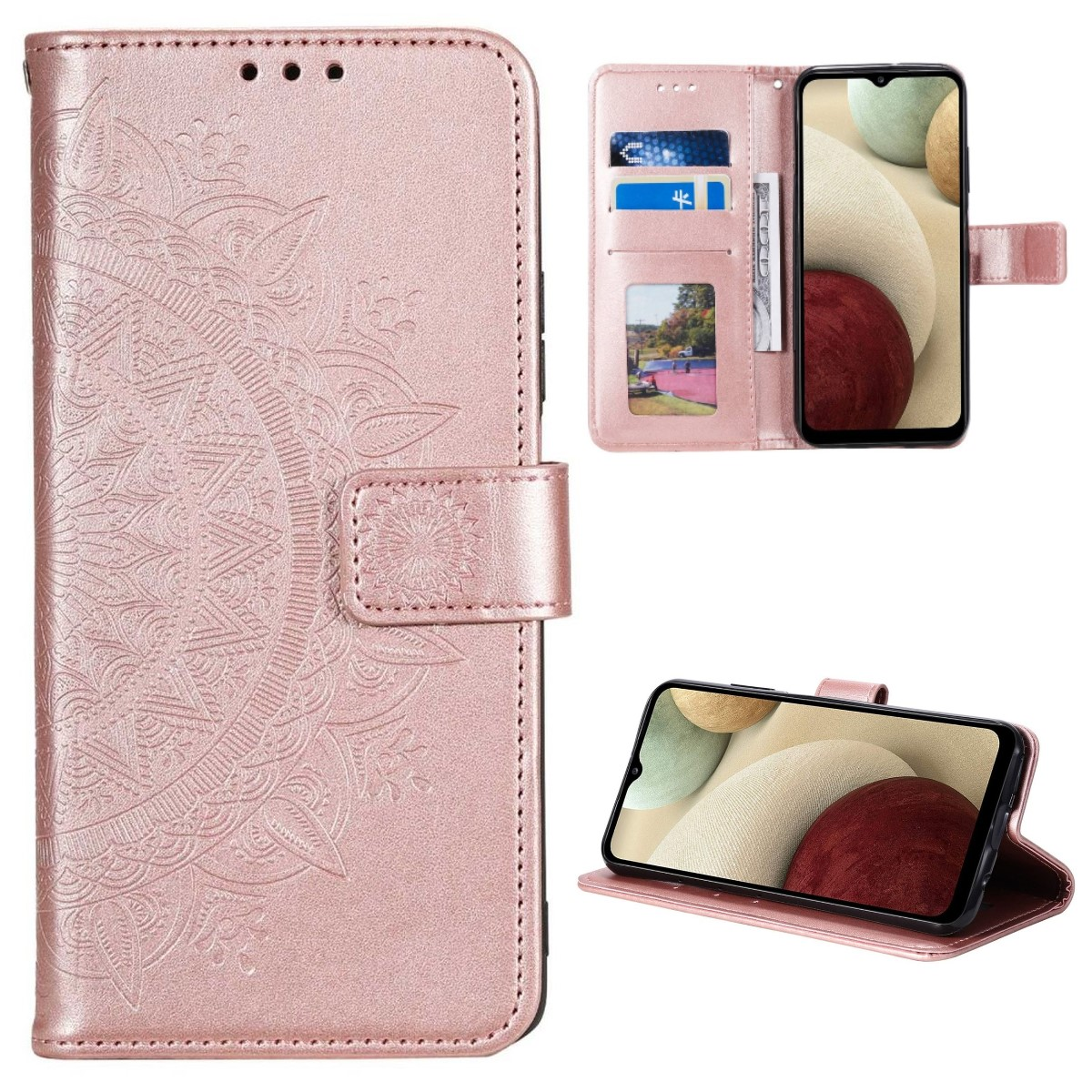 Rosa Handyhülle mit geprägtem Design, hält ein Telefon und Karten. Mehrere Ansichten gezeigt.