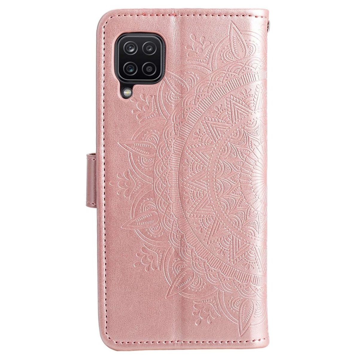 Eine rosa Handyhülle mit Mandala-Design. Sie hat einen Magnetverschluss und einen Kameraausschnitt.