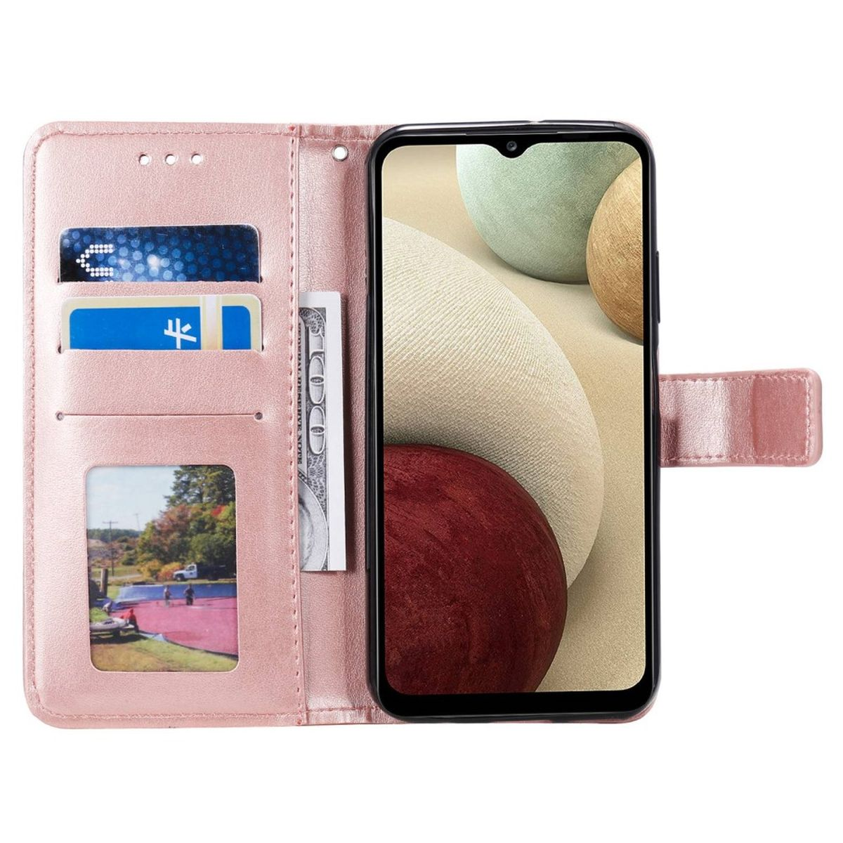 Ein Smartphone in einem rosa Etui, geöffnet, um den Bildschirm und Karten anzuzeigen. Ein Bild ist im Etui sichtbar.