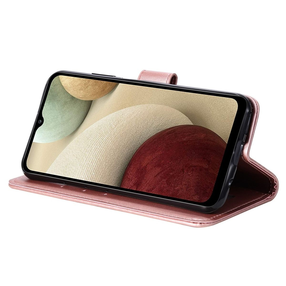 Ein Telefon in einer rosa Brieftasche, das einen Bildschirm mit einem farbenfrohen, abstrakten Bild zeigt.