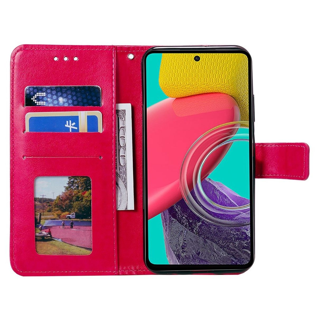 Offene rosa Handyhülle mit Telefon und Karten. Das Telefon ist rosa. Der Hintergrund ist ein Tisch.