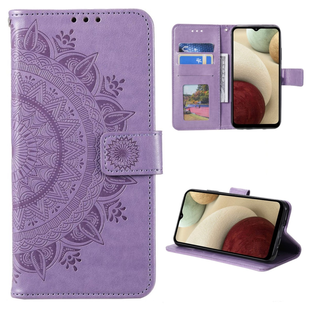Lila Handyhülle, Mandala-Design, Brieftaschenstil. Telefon wird im Inneren angezeigt. Geöffnete und geschlossene Ansichten.