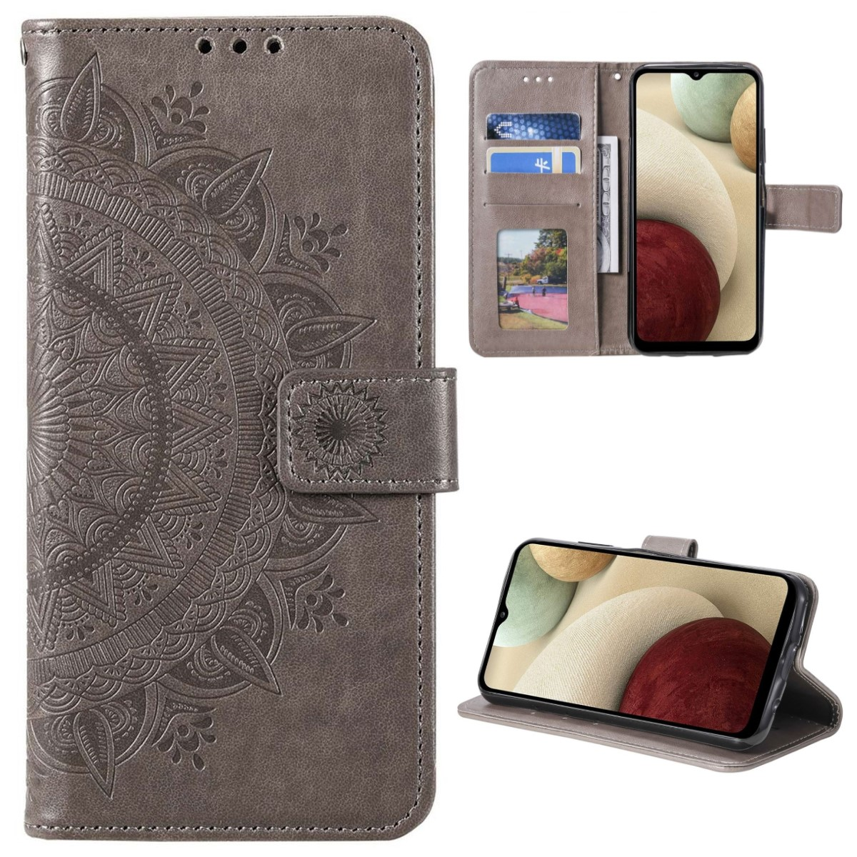 Graue Handyhülle mit Mandala-Design, geöffnet, um ein Telefon und Karten anzuzeigen.