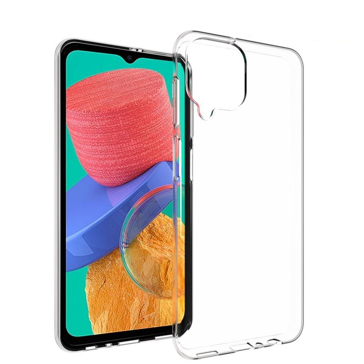 Transparente Handyhülle mit Telefon. Das Telefon hat ein rotes und oranges Muster auf der Rückseite.