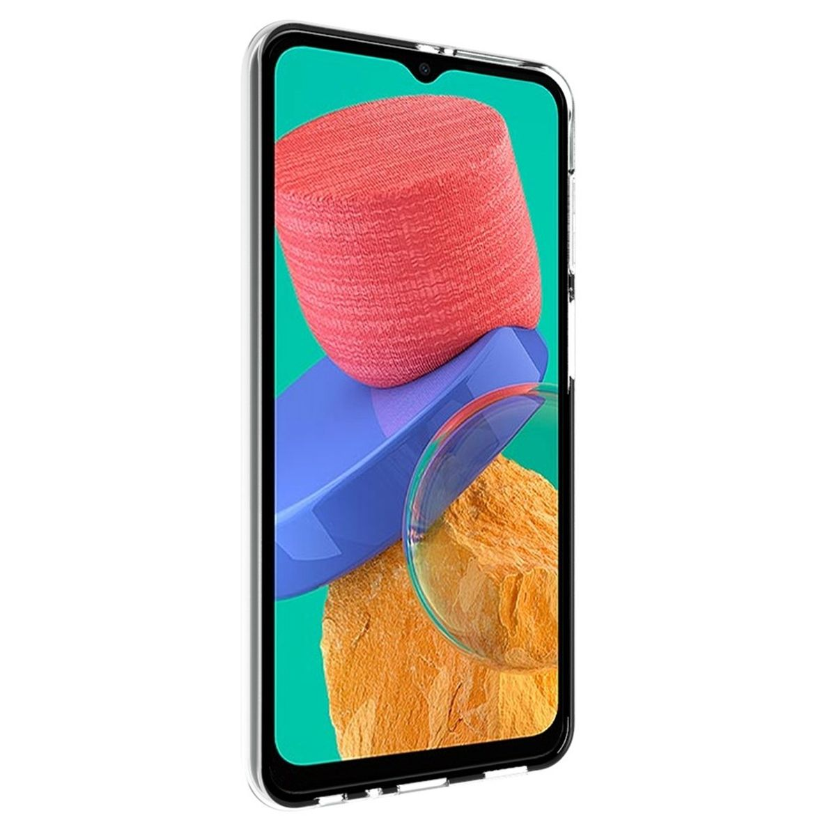 Telefon in transparenter Hülle. Abstrakte Farben auf dem Bildschirm. Weißer Hintergrund.
