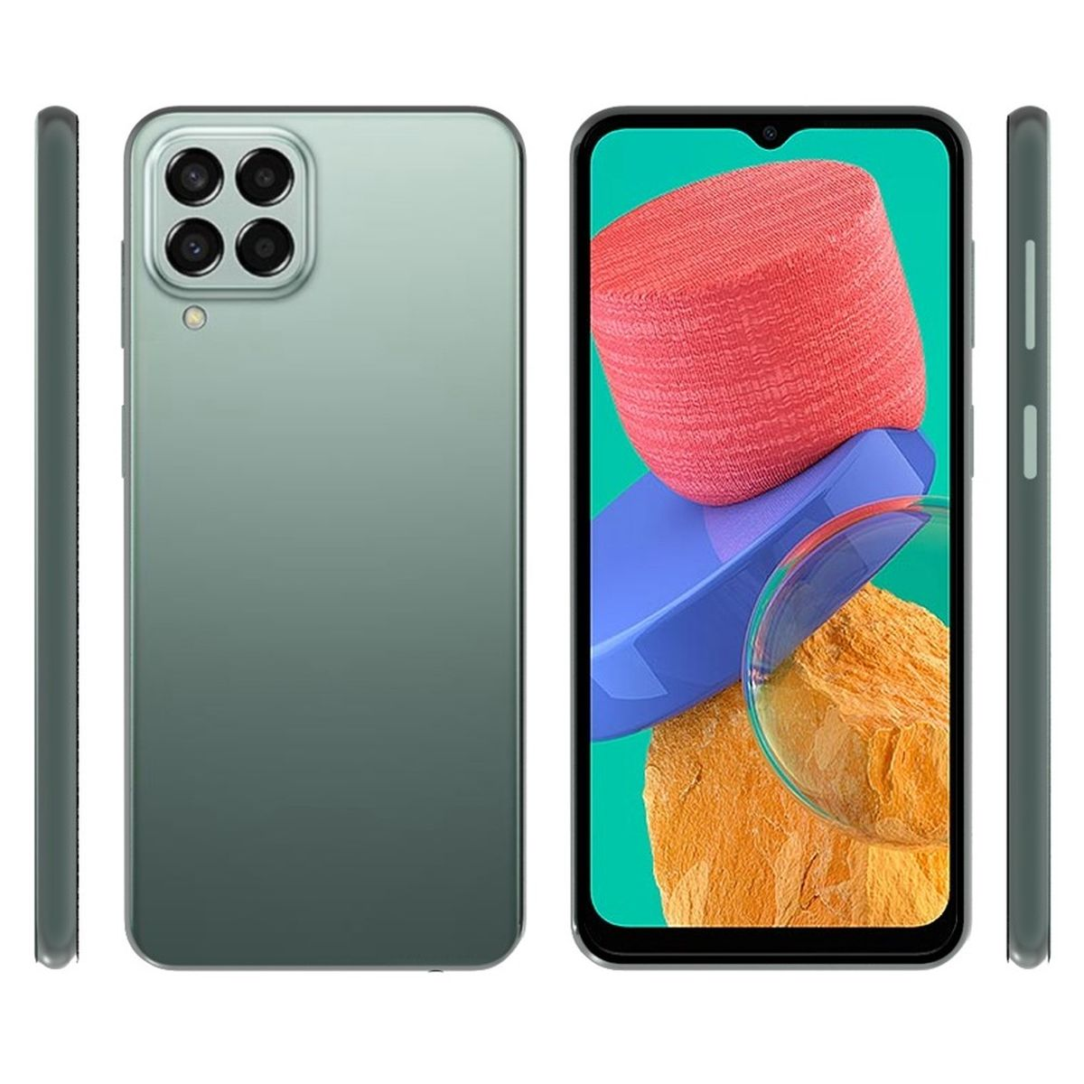 Ein modernes Smartphone mit drei Ansichten, die Vorder-, Rück- und Seite zeigen. Das Telefon ist grün.