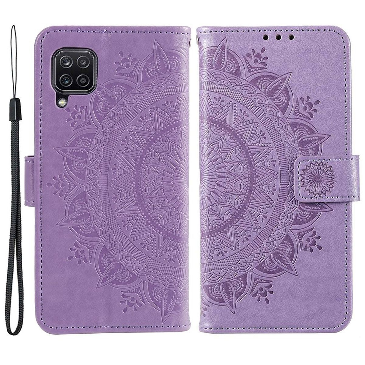 Lila Handyhülle mit Mandala-Design. Die Hülle ist offen und zeigt das Handy innen.