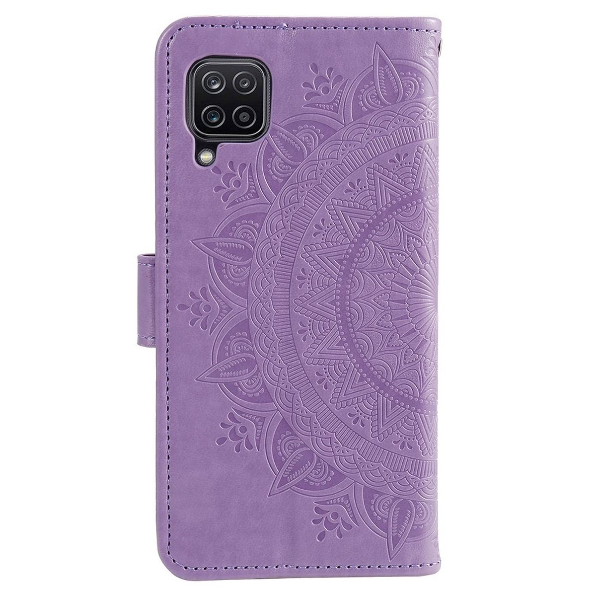 Lila Handyhülle mit Mandala-Design. Sie hat einen Magnetverschluss und ein Kartenfach.