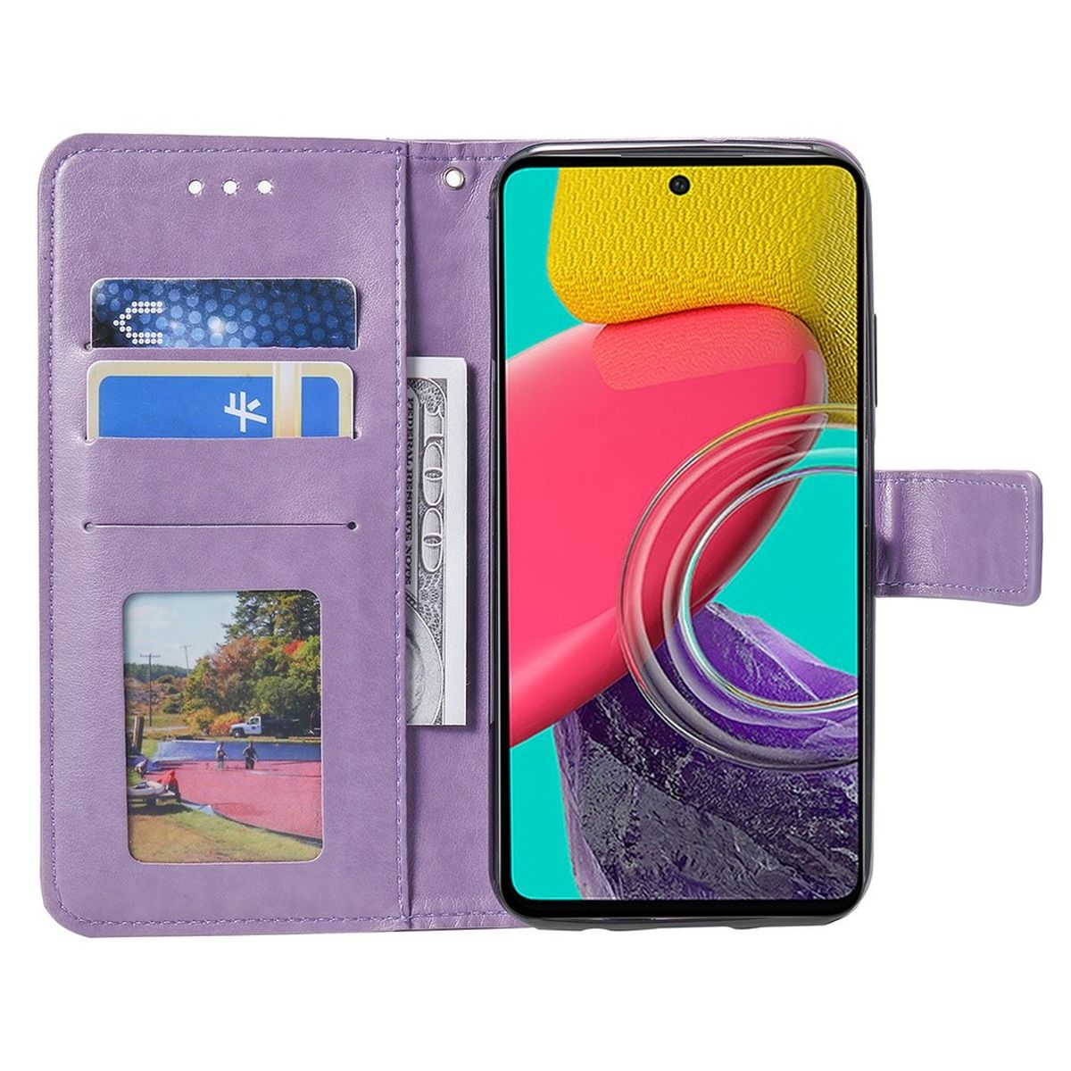 Lila Handyhülle, geöffnet, mit Karten und einem Telefon. Die Hülle ist lederartig.