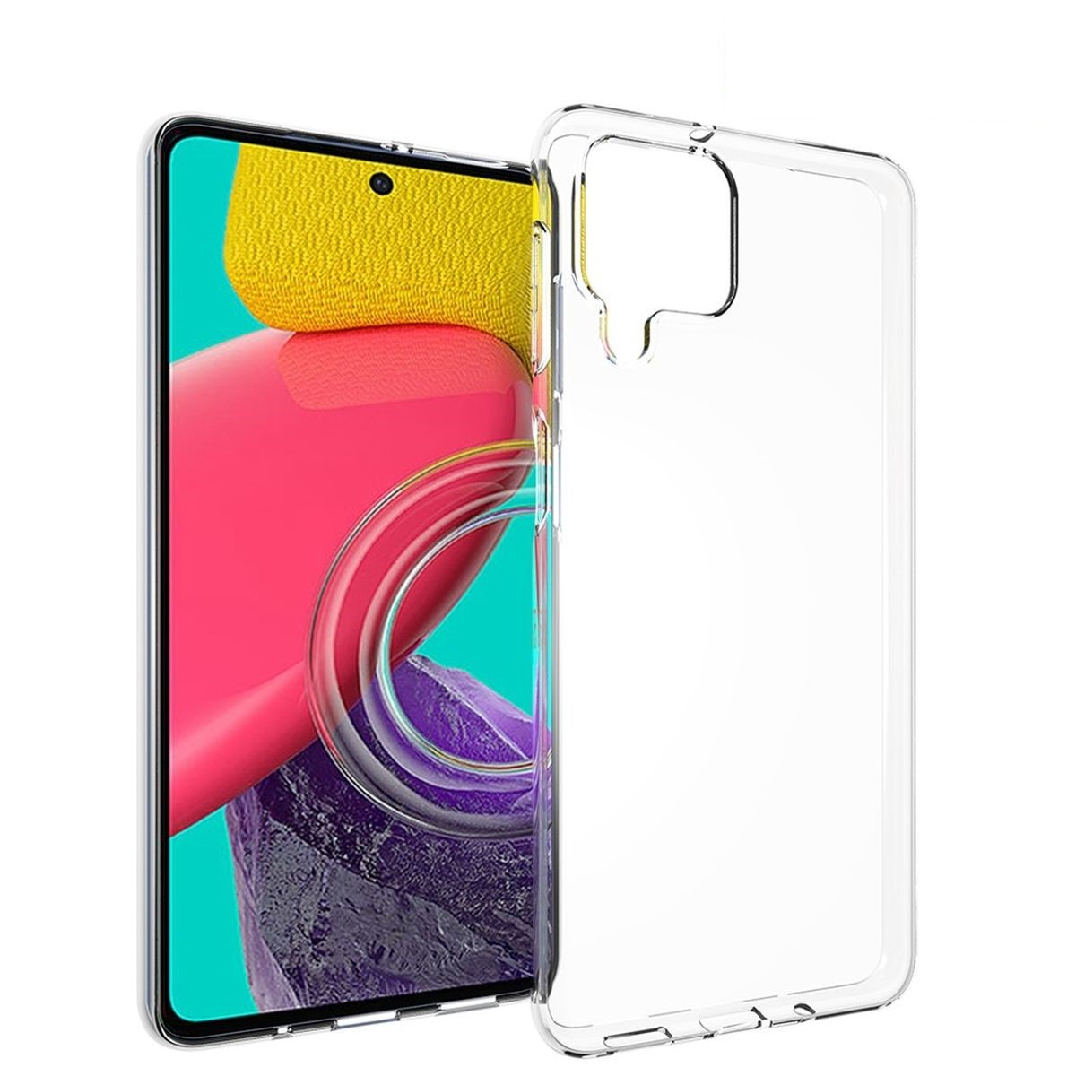 Transparente Handyhülle auf einem Telefon, zeigt die Rückseite des Telefons.
