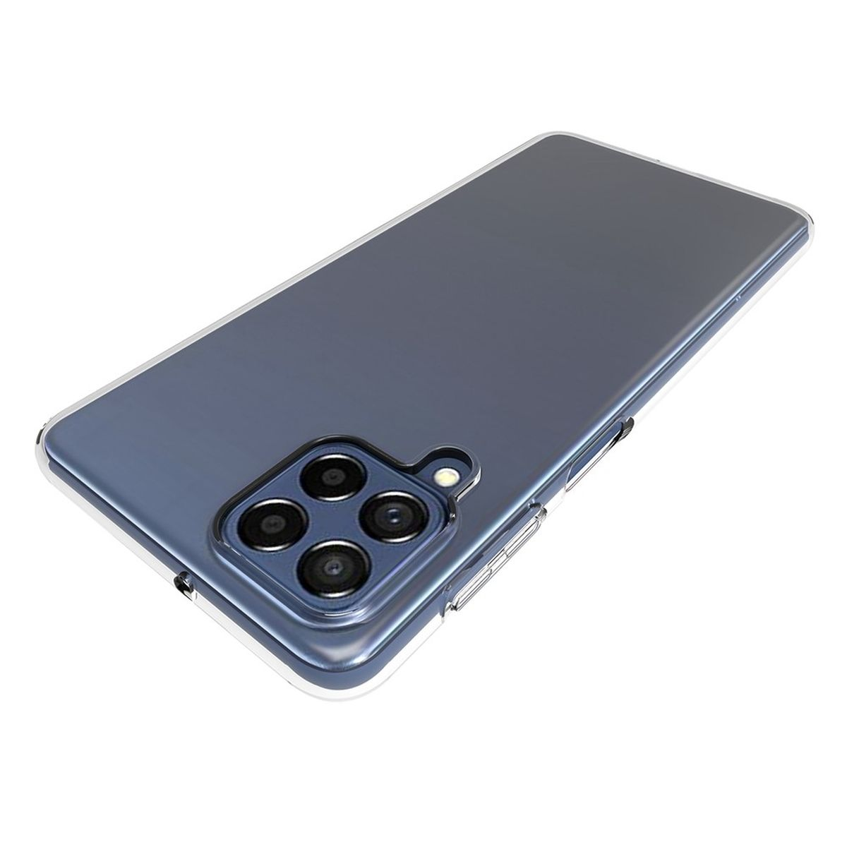 Transparente Handyhülle auf einem blauen Telefon. Drei Kameralinsen sind sichtbar.