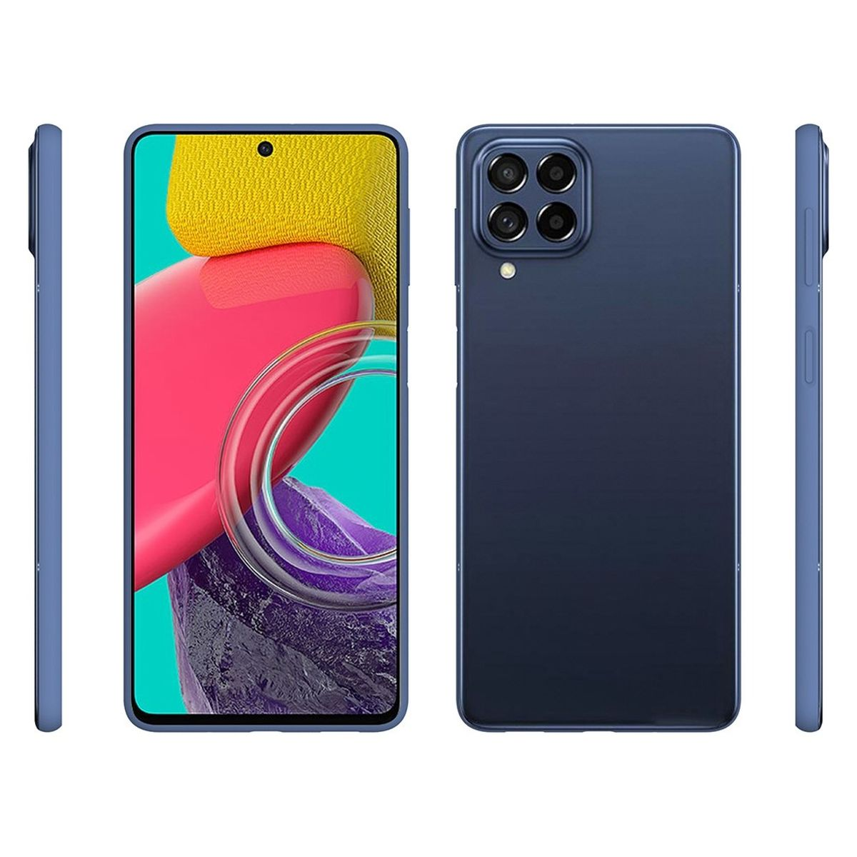 Ein dunkelblaues Smartphone mit vier Kameras auf der Rückseite. Aus verschiedenen Winkeln gezeigt.