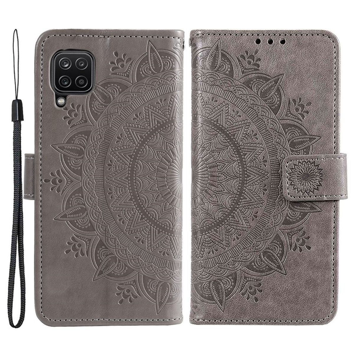 Graue Leder-Handyhülle, offen, zeigt Karten und ein Mandala-Design auf dem Deckel.