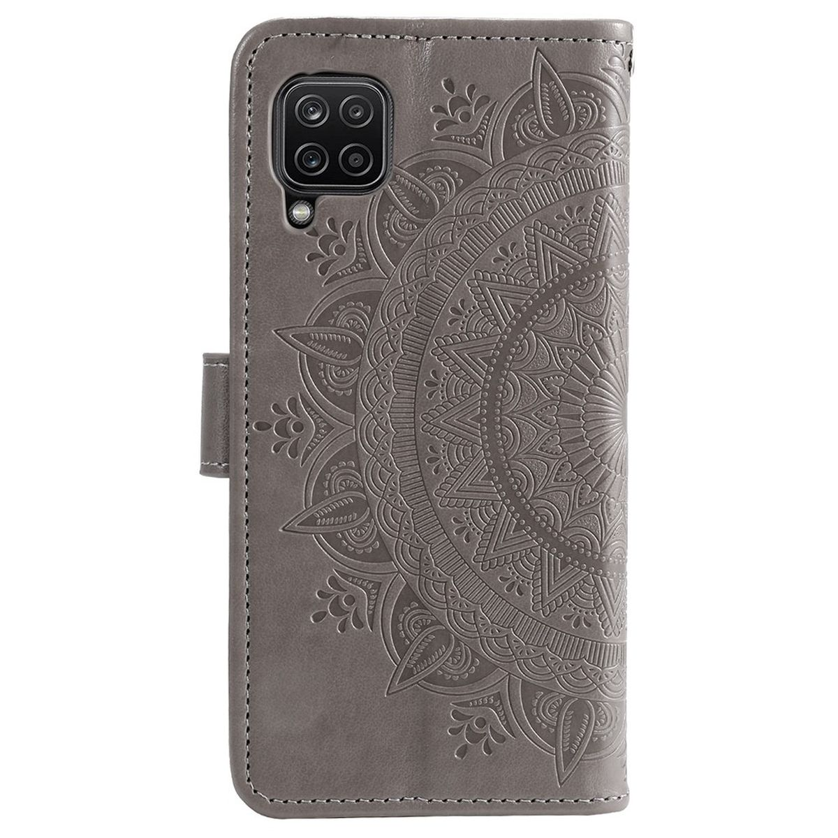 Eine graue Handyhülle mit Mandala-Design, geschlossen. Sie wird aus einer Dreiviertelperspektive gezeigt.