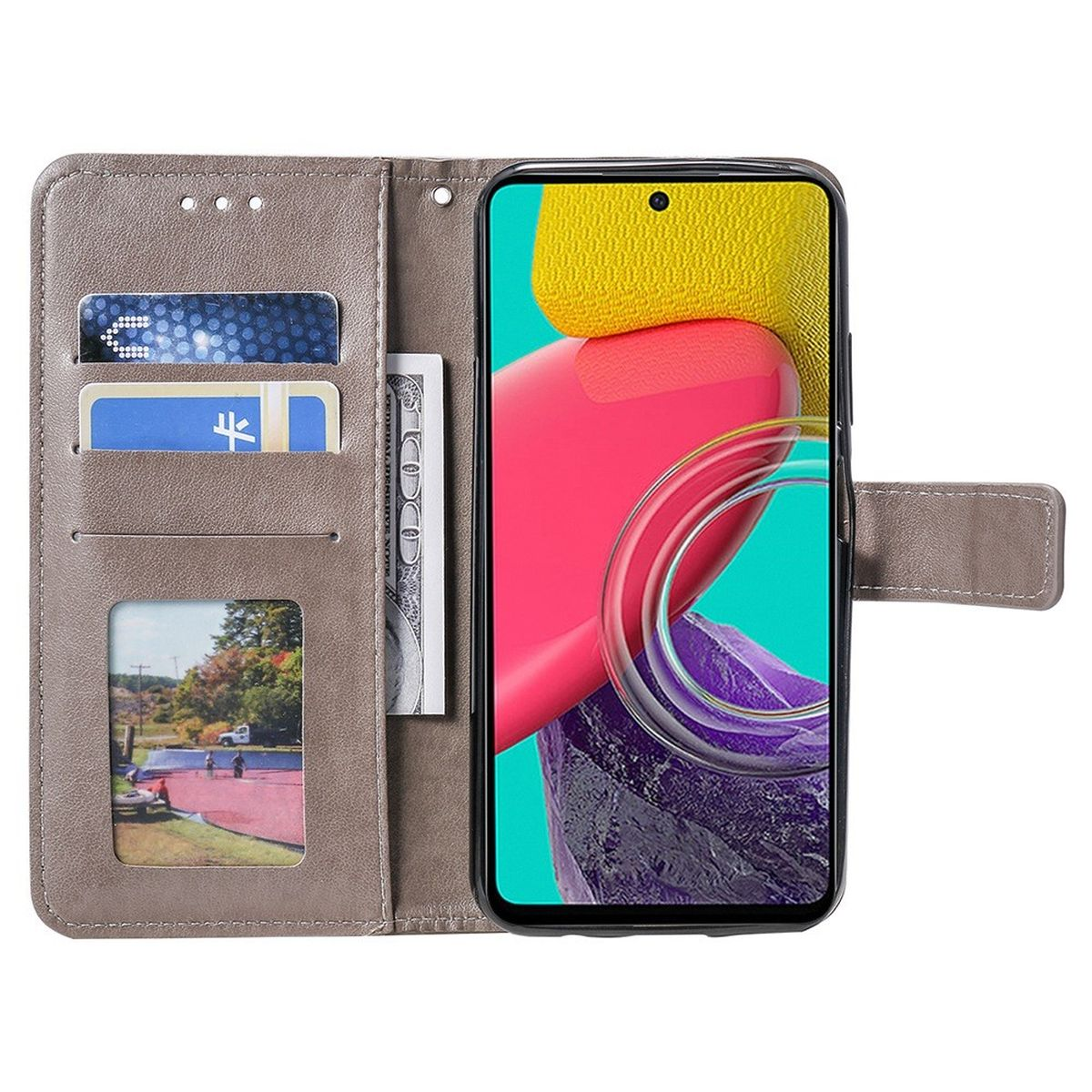 Geöffnete graue Handyhülle mit Handy, Karten und Bargeld im Inneren.
