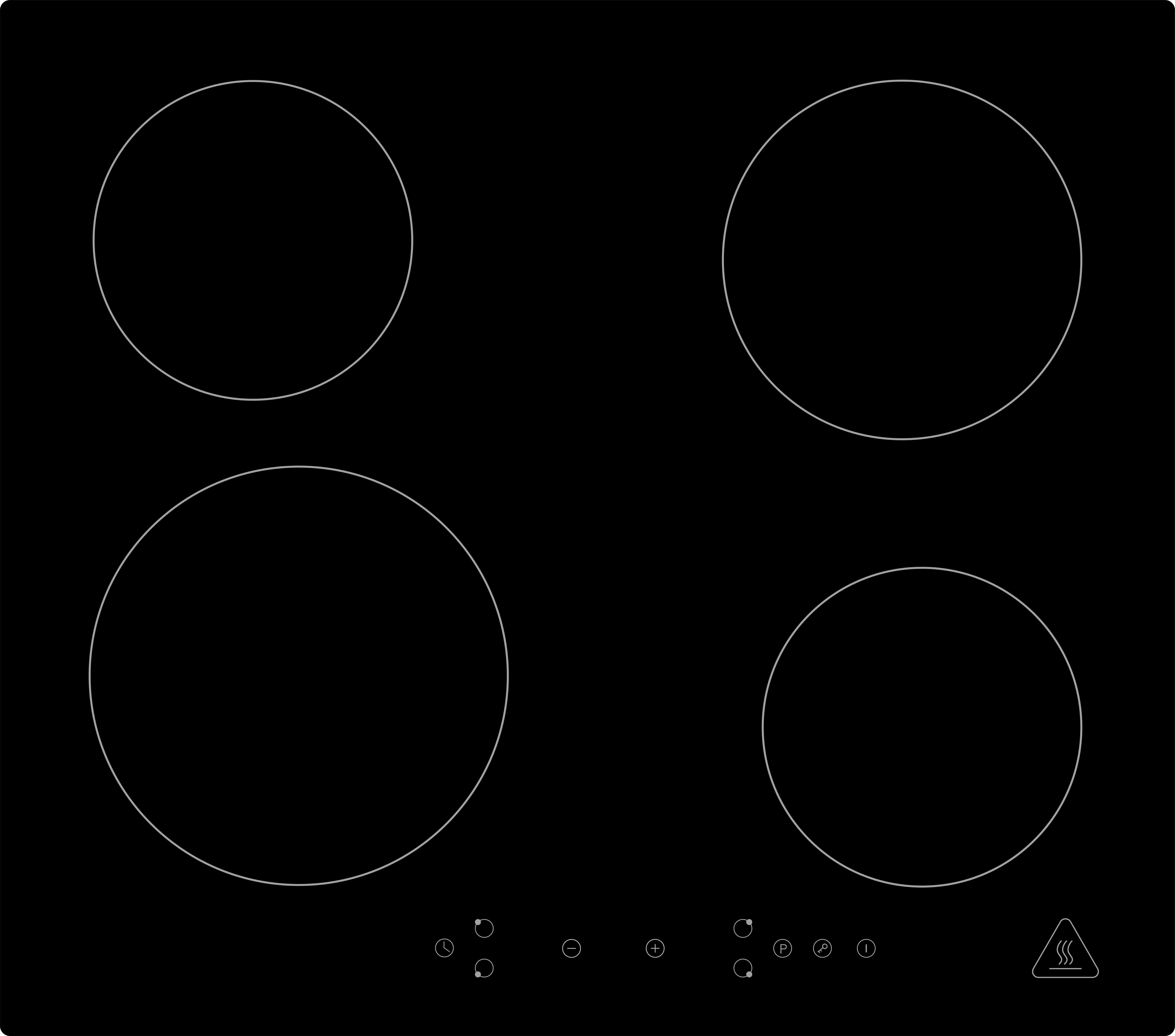 Piano cottura in vetro nero. Sono visibili quattro elementi riscaldanti rotondi e comandi touch.