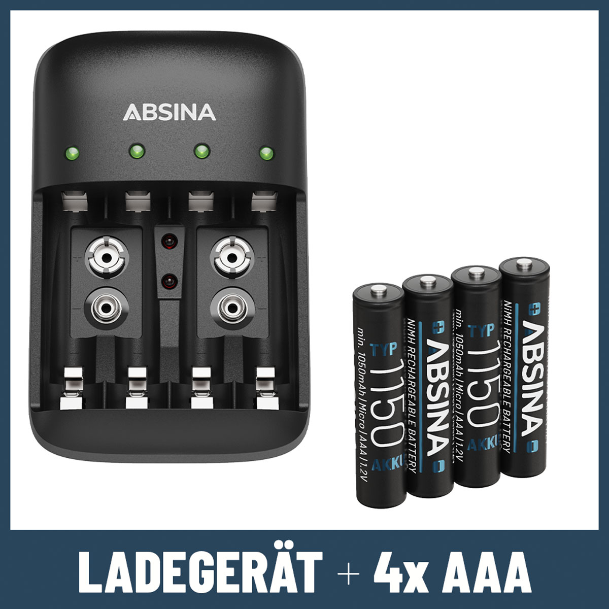 AAA Akkus + X4 Ladegerät 9V für Typ Micro 1150 inkl. AAA & Universal, schwarz Ladegerät AA, 4x ABSINA