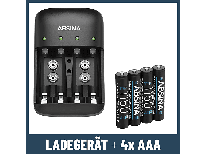 ABSINA Ladegerät X4 für AA, AAA & 9V inkl. 4x Micro AAA Typ 1150 Ladegerät + Akkus Universal, schwarz