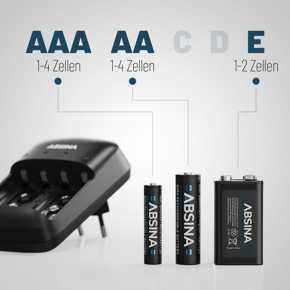 ABSINA Ladegerät X4 für AA, schwarz + Akkus 1150 AAA 4x inkl. AAA & Micro 9V Typ Ladegerät Universal