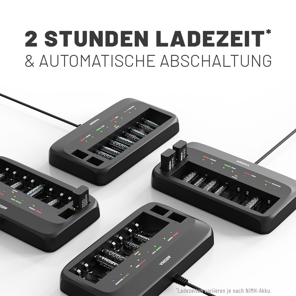 ABSINA Ladegerät X10 inkl. 2900 9V Typ Akkus & schwarz Ladegerät 8x AAA AA + AA, für Mignon Universal