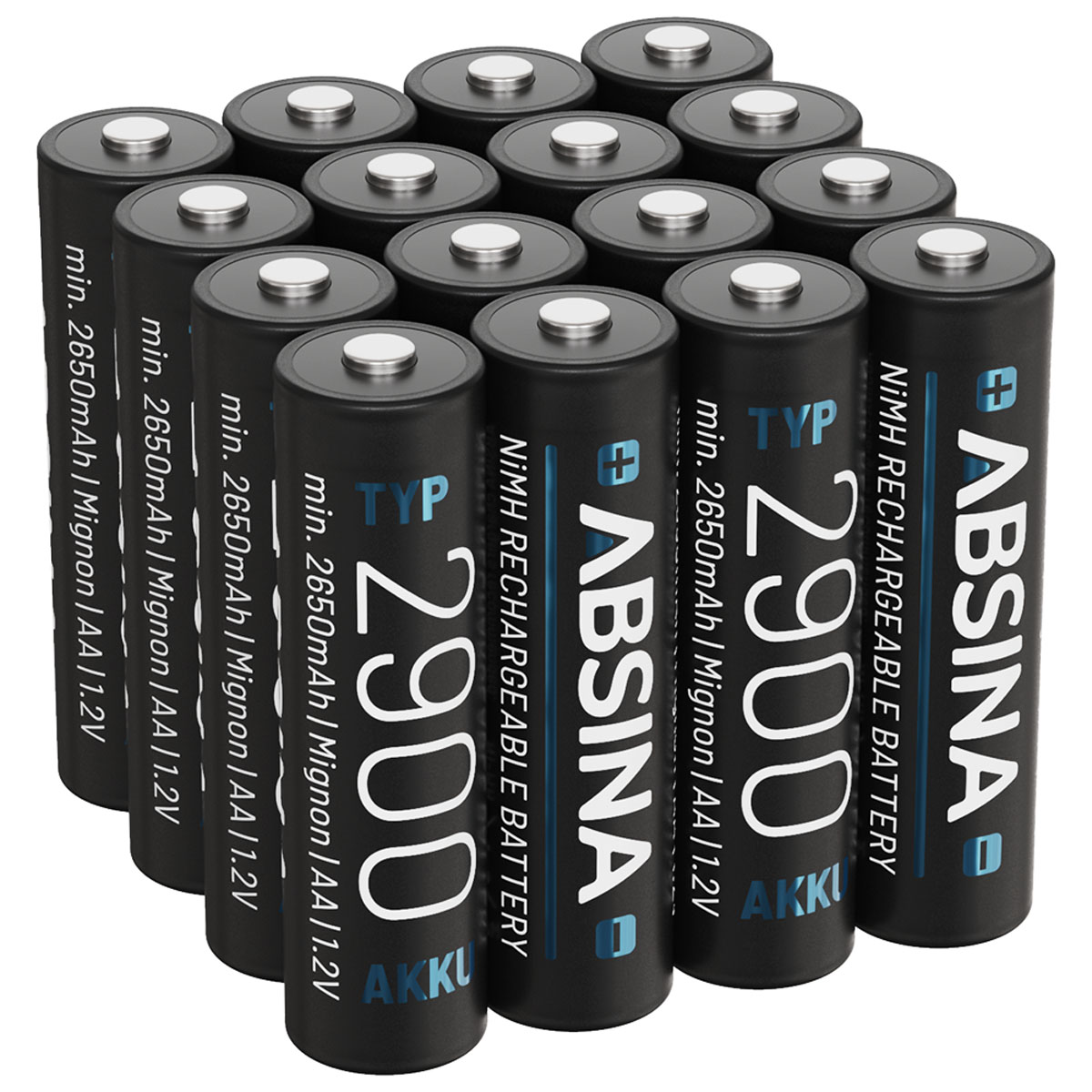 Reihe schwarzer AA-Batterien. Jede hat weißen Text und silberne Oberseiten. Weißer Hintergrund.