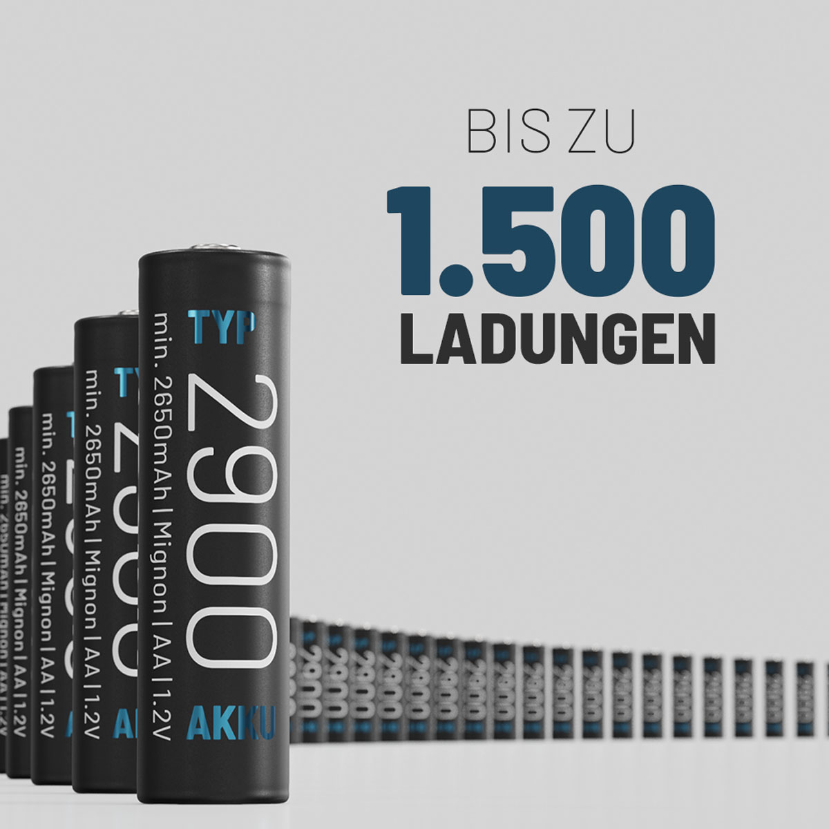 Schwarze AA-Batterien mit Text und eine blaue Grafik mit dem Text '1.500 LADUNGEN'.