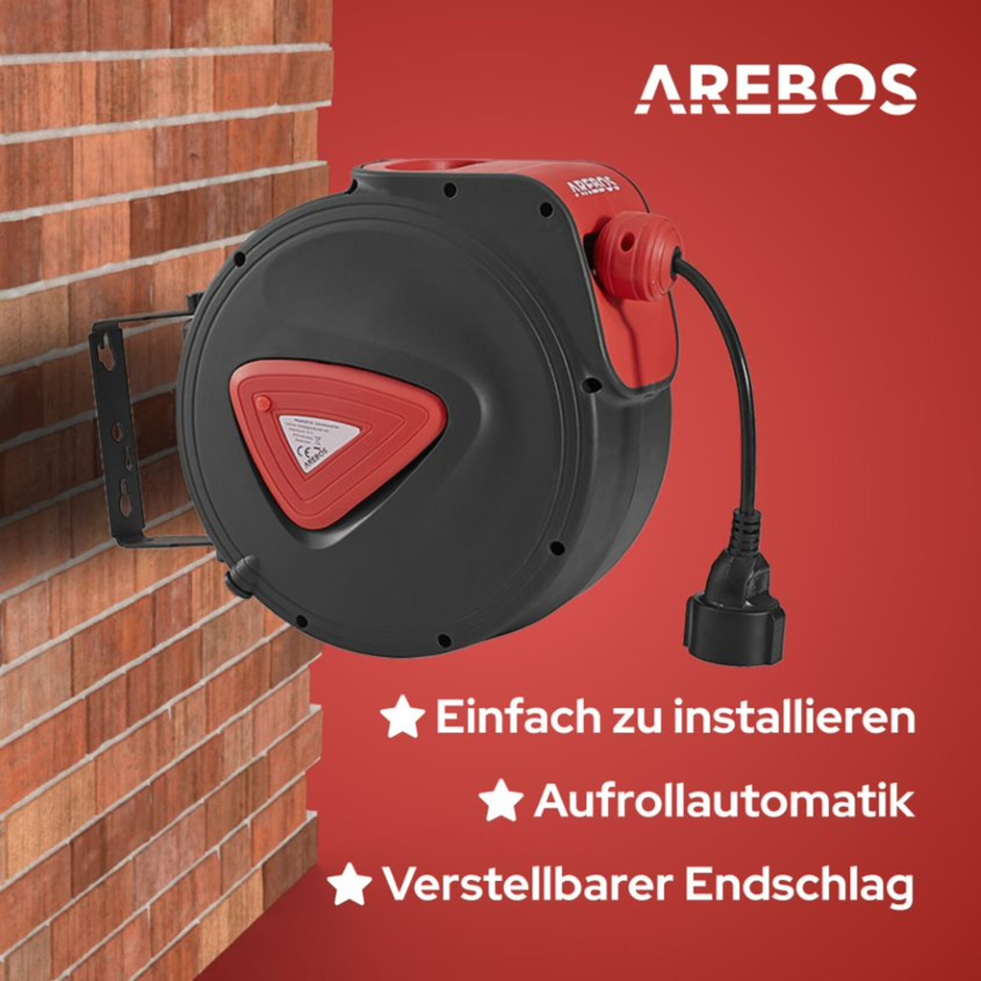Eine schwarz-rote Schlauchtrommel an einer Ziegelmauer montiert. Text zeigt einfache Installation, automatische Aufwicklung.