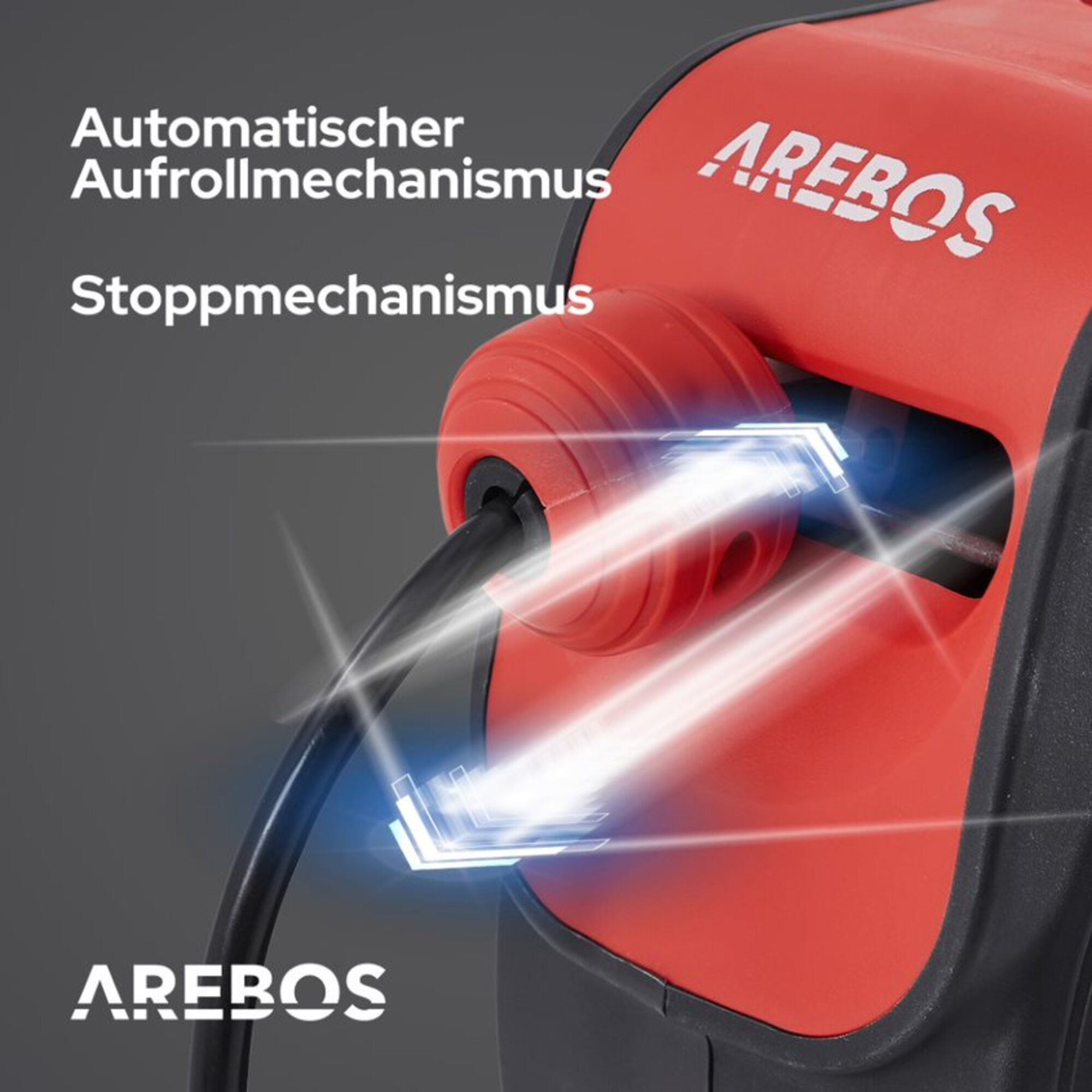 Nahaufnahme einer roten Schlauchtrommel mit deutschem Text. Merkmale sind automatischer Einzug und Stopp.