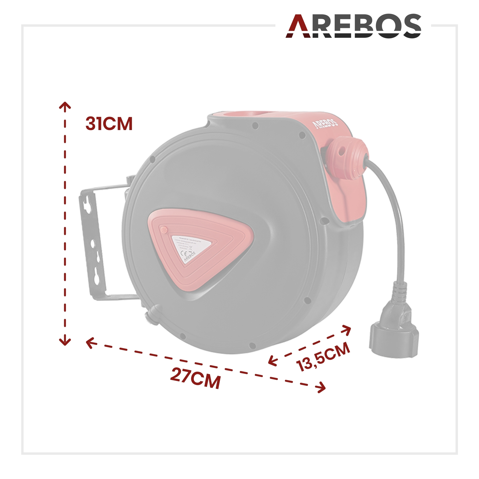 Eine schwarze und rote Arebos Kabeltrommel mit Messungen.