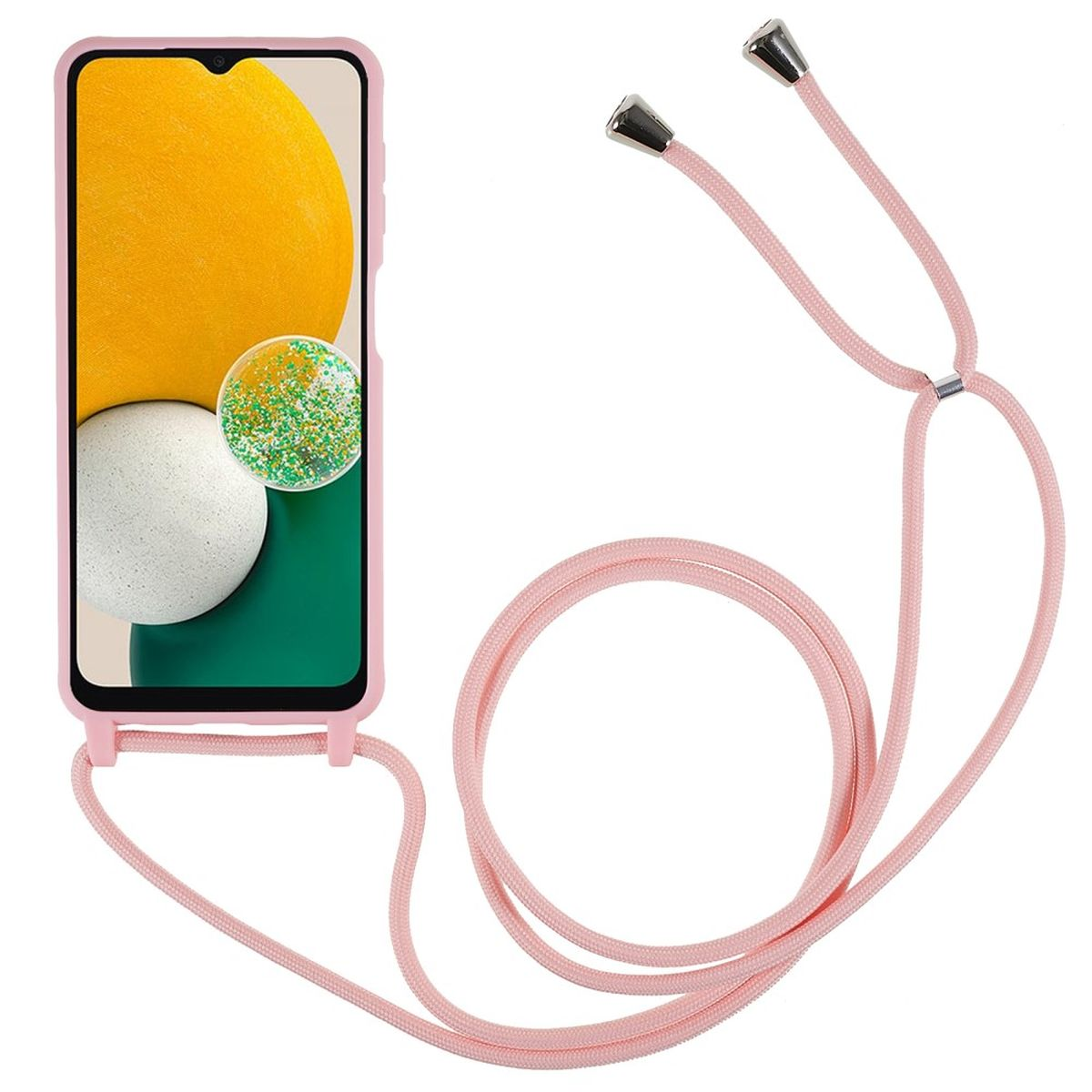 Rosa Handyhülle mit rosa Kordel. Telefon zeigt Kunst. Der Hintergrund ist weiß.