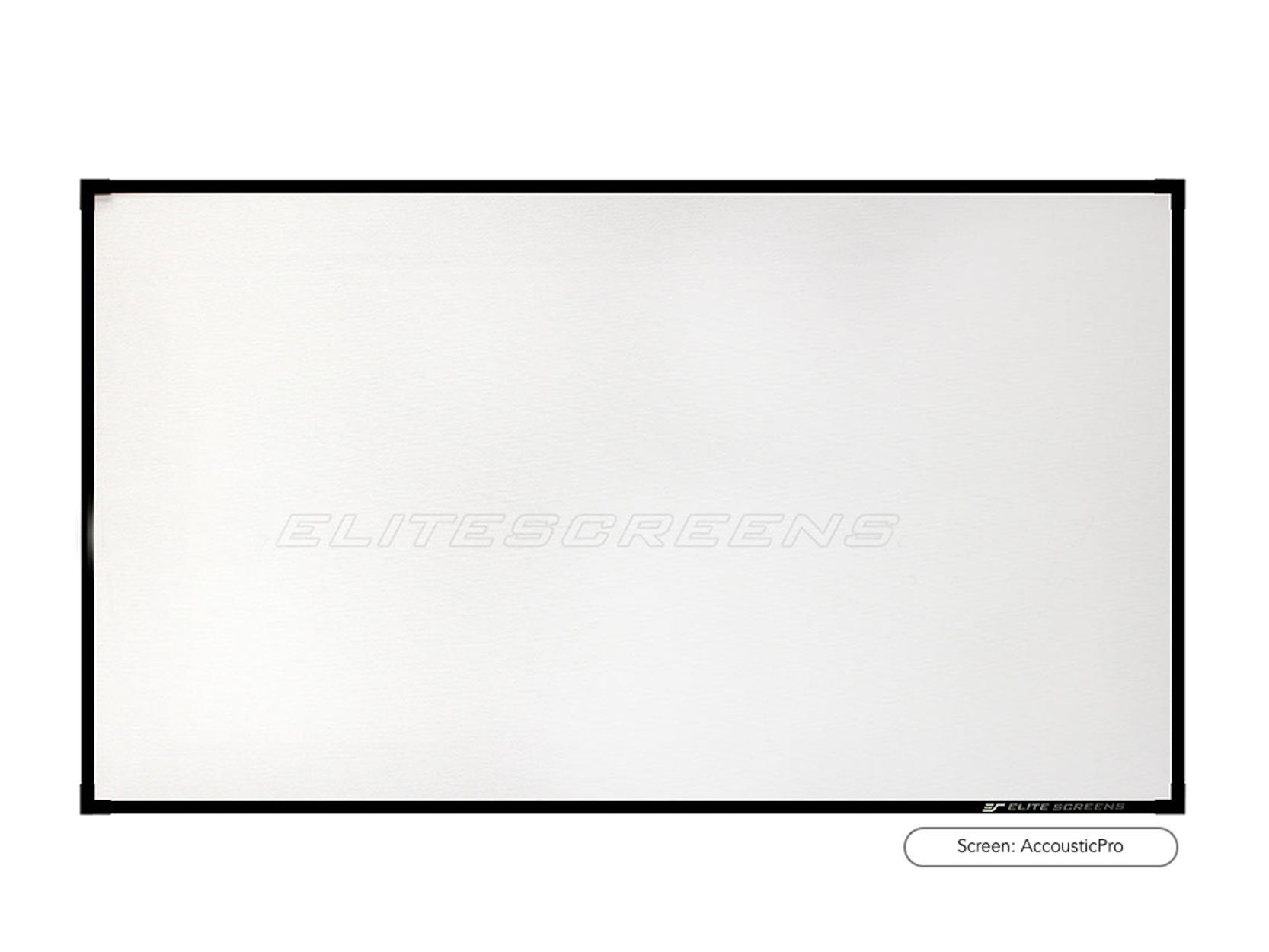 Weiße Projektionsleinwand mit schwarzem Rahmen. Das Logo von Elite Screens befindet sich in der Mitte.