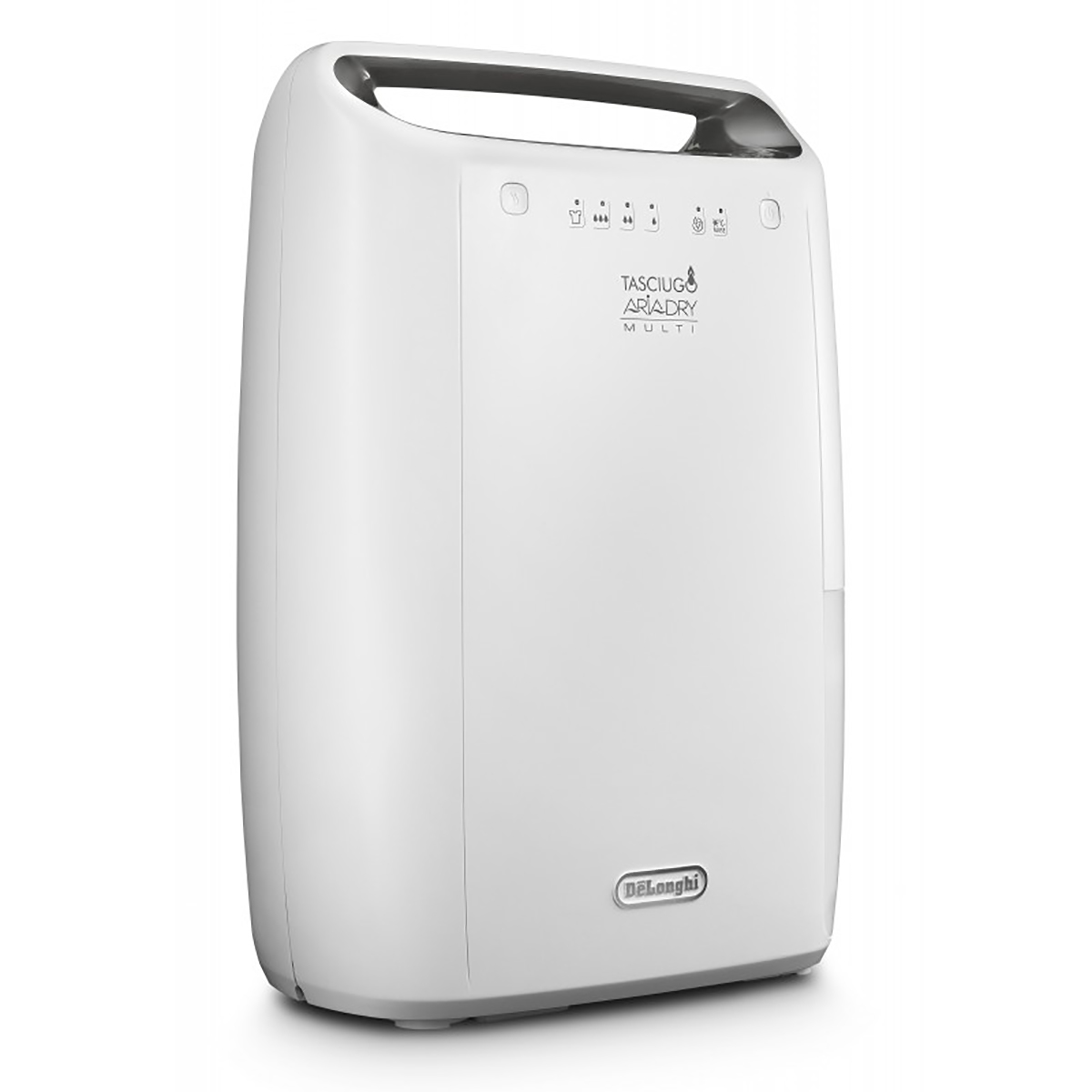 Deumidificatore bianco con pulsanti, display e il logo DeLonghi.